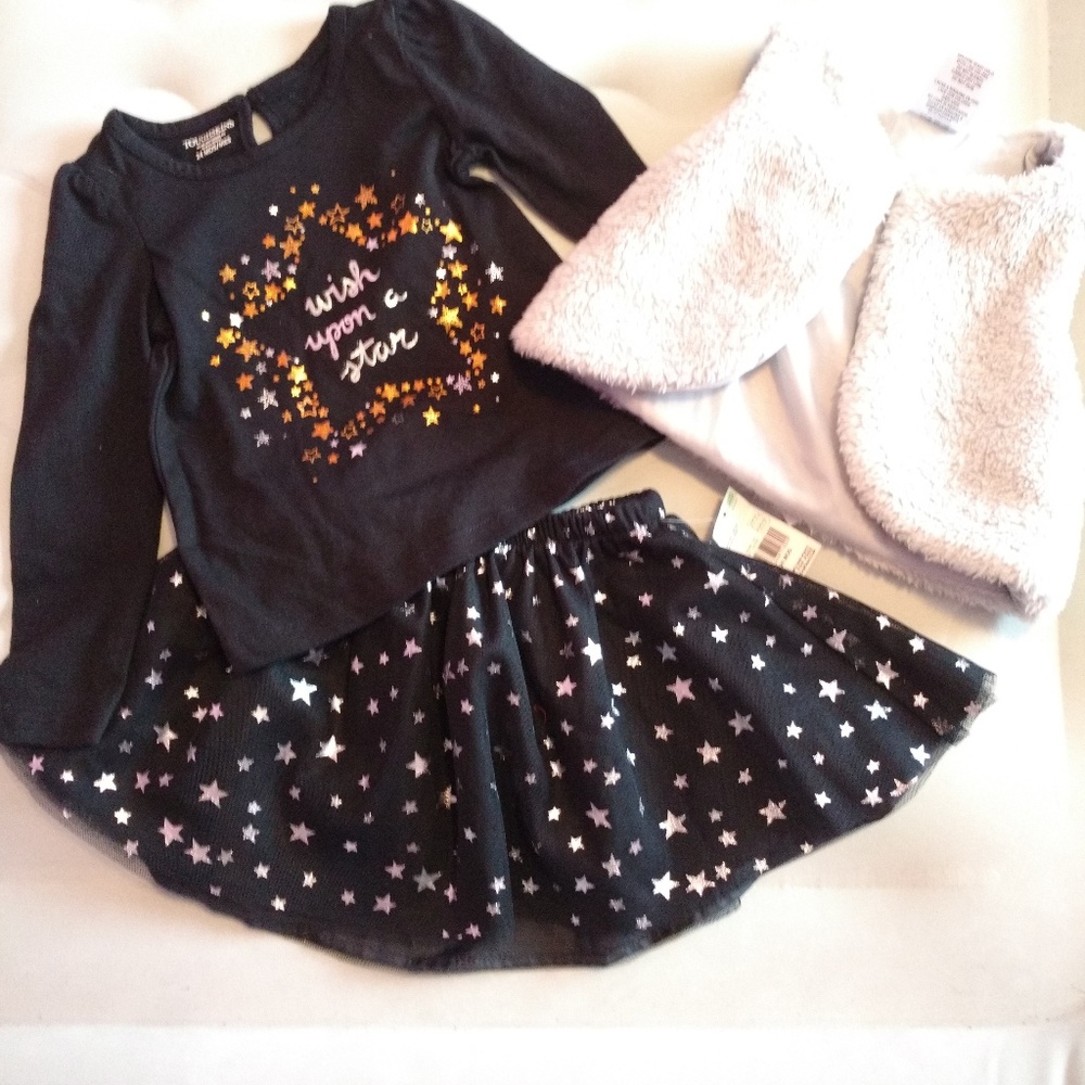 GIRLS - 3pc set 24m NWT TOUGHSKINS top, tulle tutu, plush vest, stars, Halloween